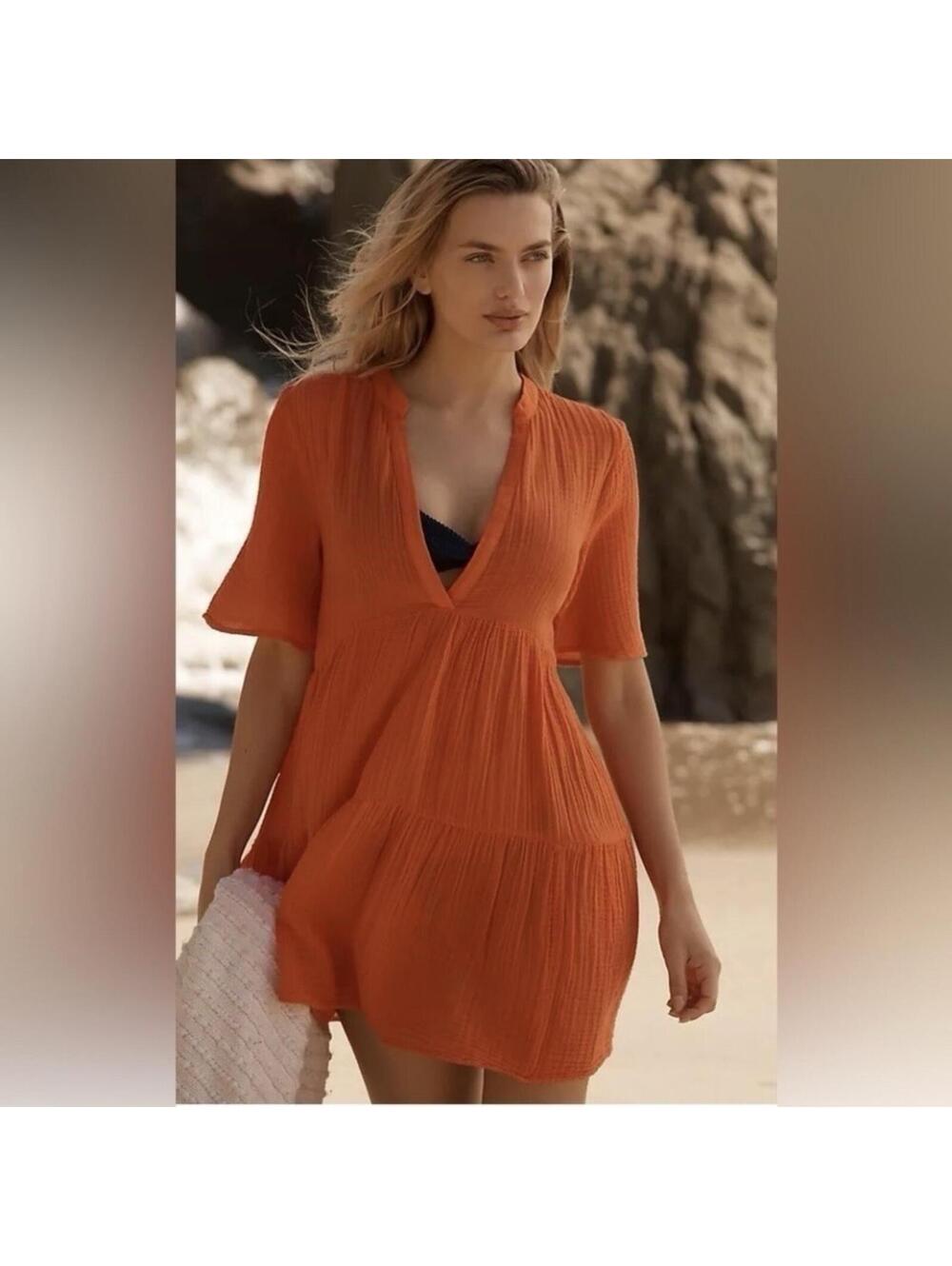 Anthropologie Kallie Flowy Tunic Dress XS Orange Cotton Gauze Tiered Beach Mini
